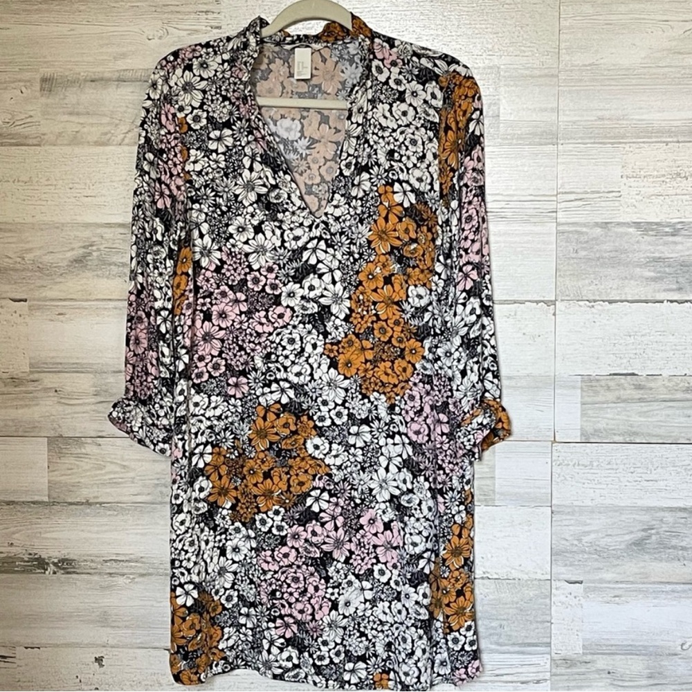 H&M Casual Floral V-neck Long Sleeve Viscose Tunic Shirt Dress Black White